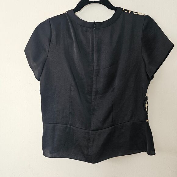 ASV Asava Black & Cheetah Print Satin Short Sleeve Back Zip Peplum Blouse 8 - Picture 2 of 7